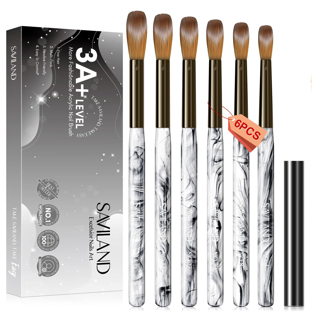 Saviland Kolinsky Acrylic Nail Brush Set: 6PCS Professional Size 4/8/10/12/14/16