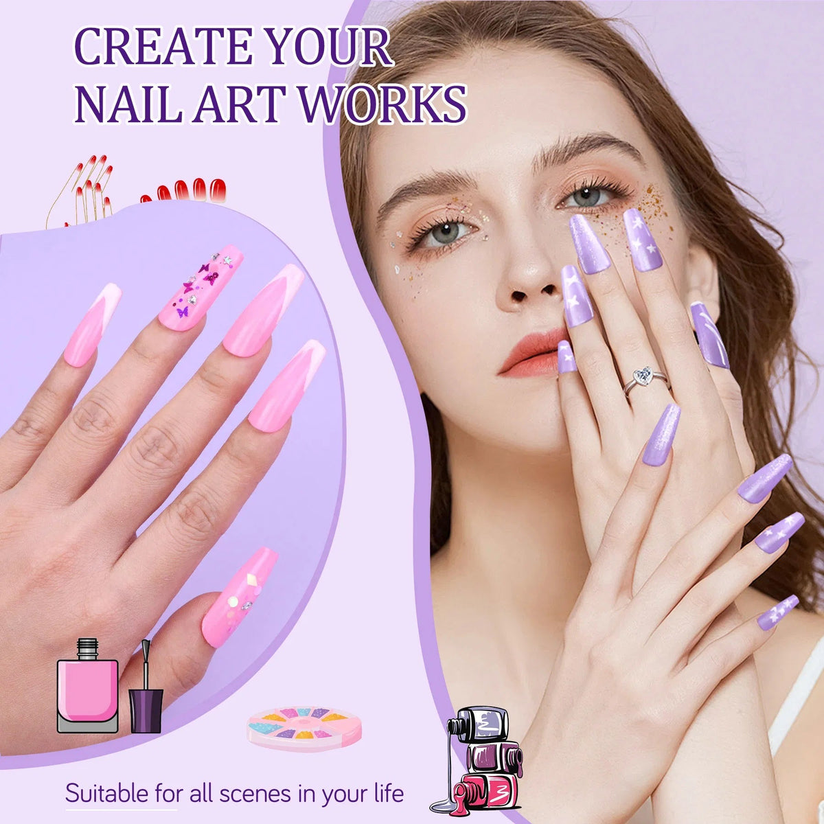 Kit Completo de Acrílico y Gel UV — Lámpara + 4 Geles + 24 Glitters