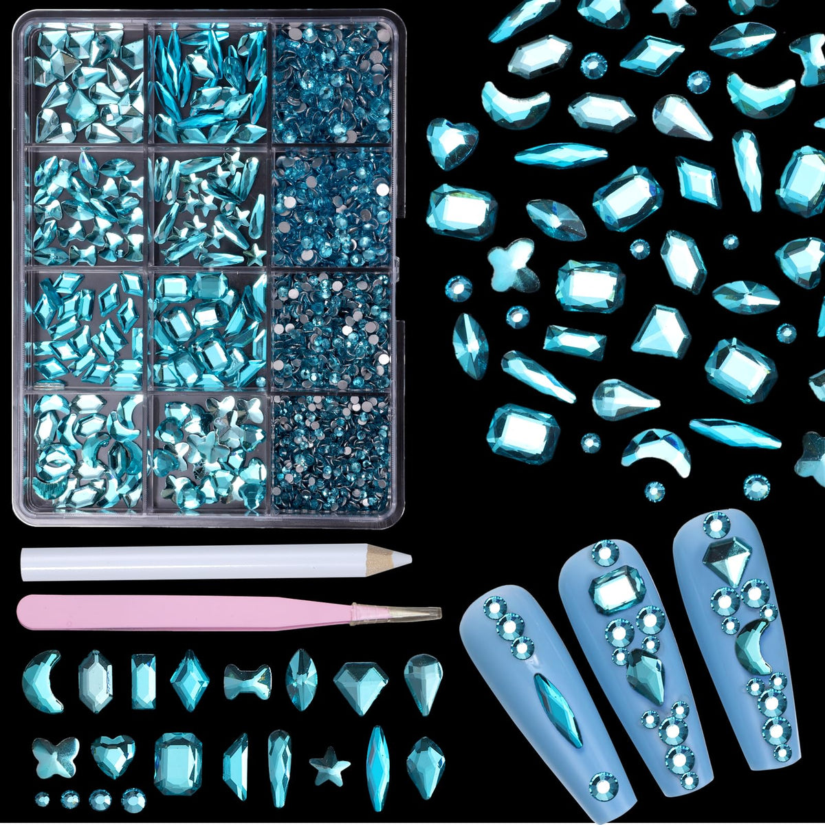 1980 Pcs Lake Blue Rhinestones for Nails Multi Shapes Sizes Water Blue Crystal Nail Rhinestones