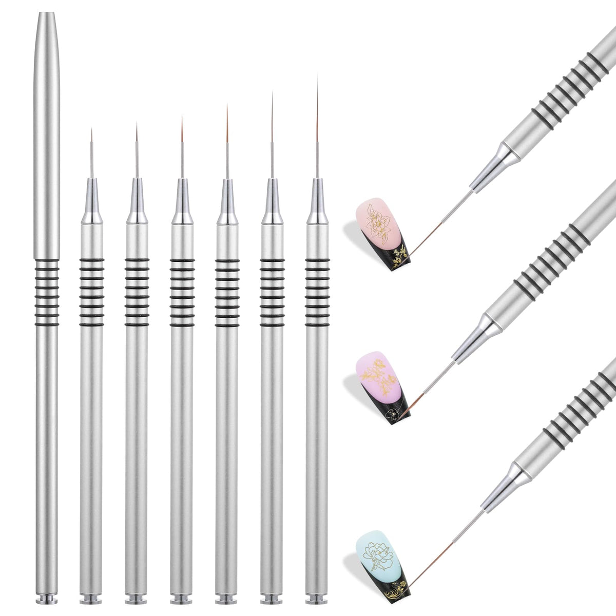 6Pcs Nail Art Liner Brushes Set Fine Drawing Painting Details for Manicure Tools Sizes 5/7/9/11/15/25mm Silver