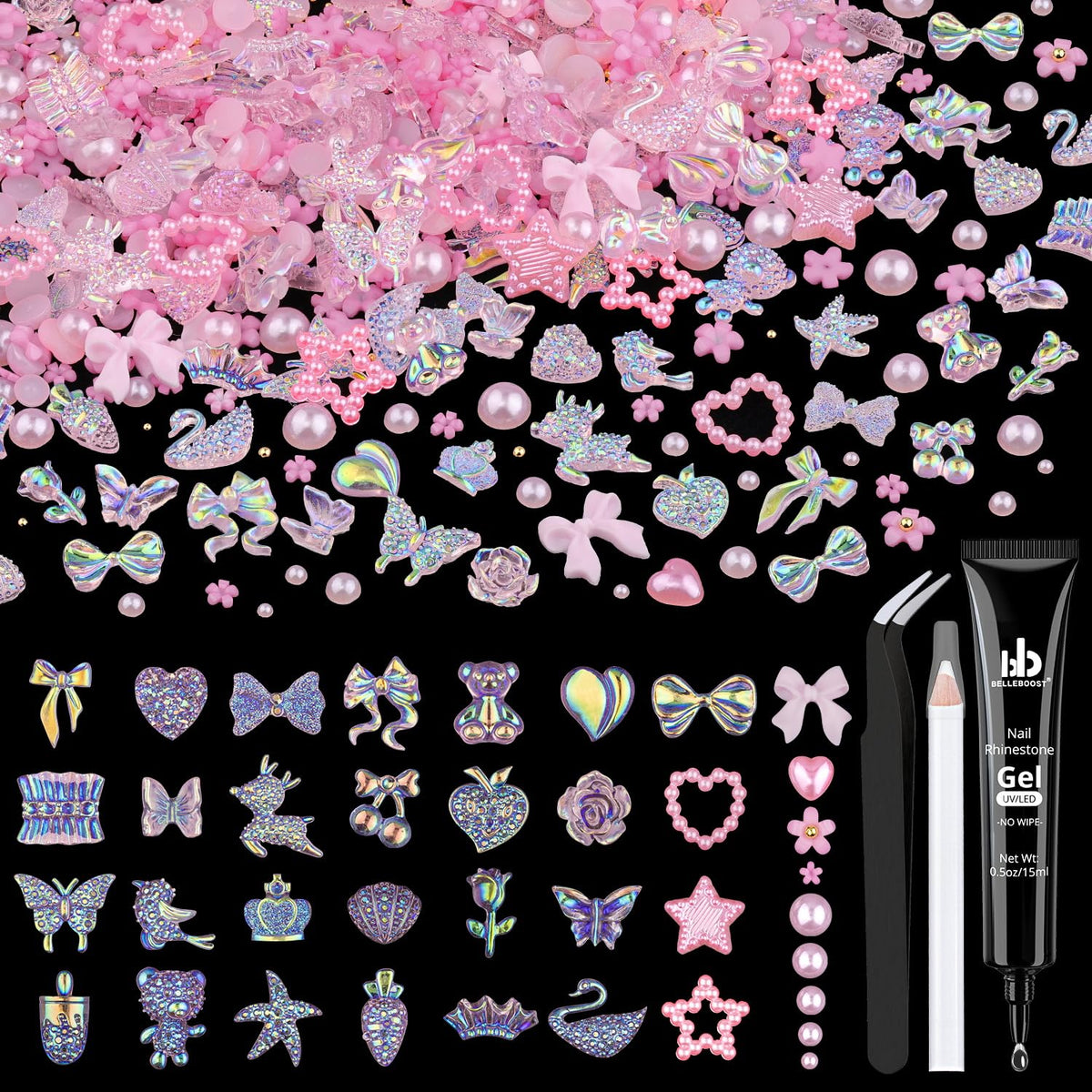150 Pcs Kawaii 3D Nail Charms with Nail Charm Glue Set(UV Needed) Over 400 PCS Charms