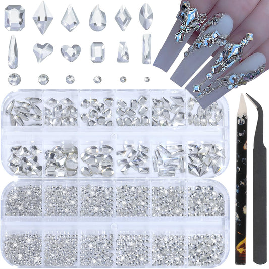 HNUIX Nail Rhinestones - 2920pcs 3D Multi Shape Size Crystal Clear Nail Gems Flat Back with Kit for Nail Art DIY Decorations