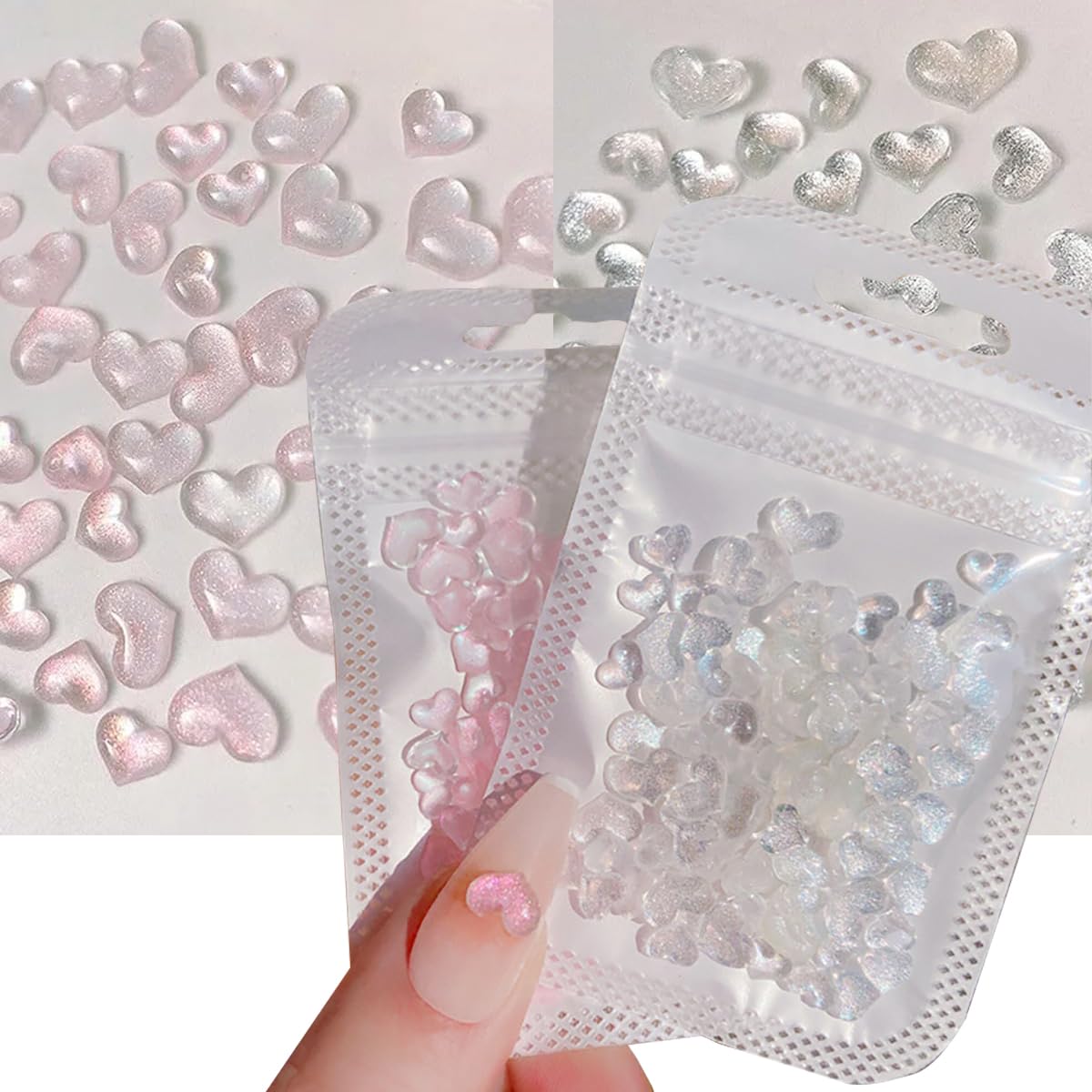200 Pcs Glitter Clear Pink Heart Nail Art Charms Mixed Size 3D Love Hearts Nail Rhinestones Resin Crystal Nail Jewelry