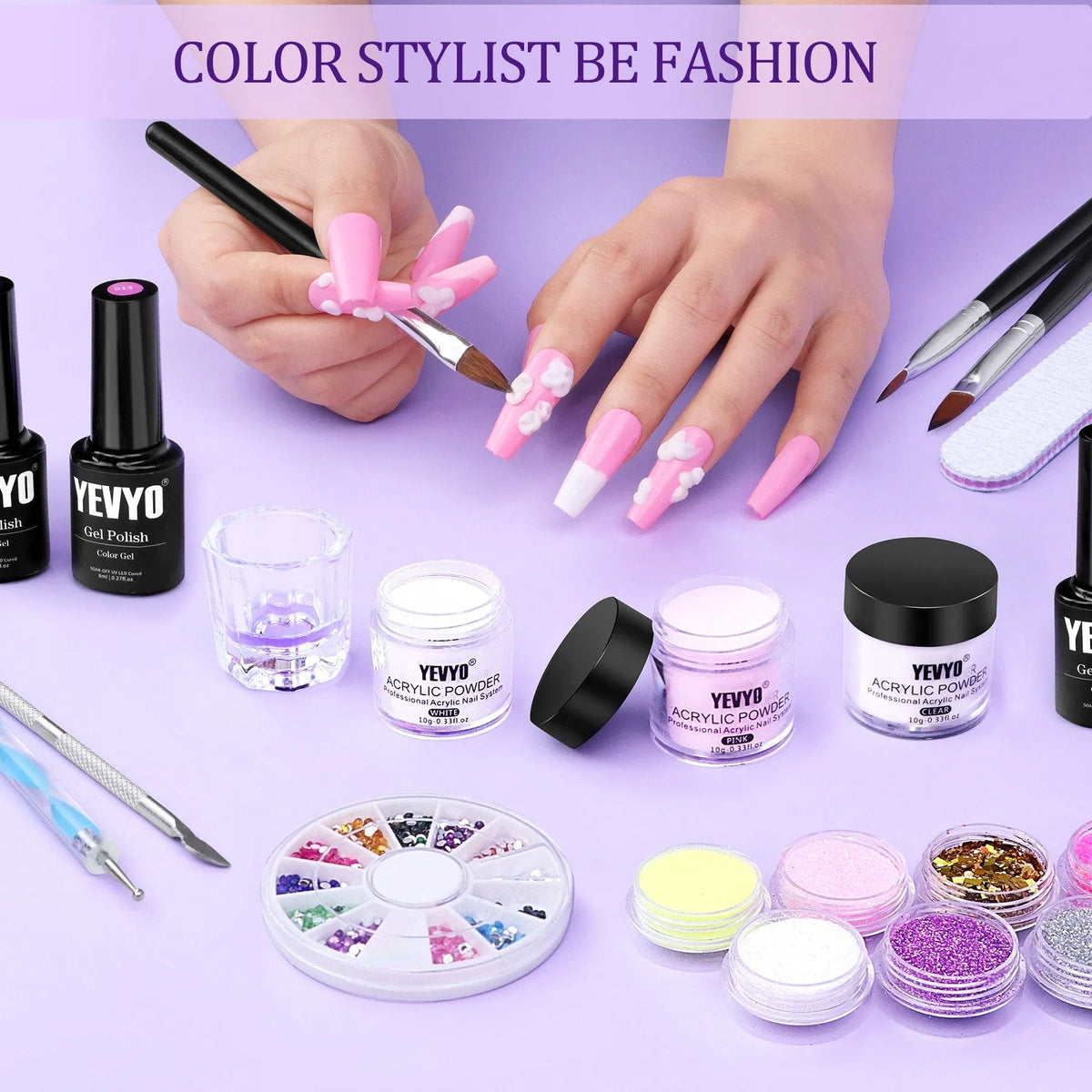 Kit Completo de Acrílico y Gel UV — Lámpara + 4 Geles + 24 Glitters