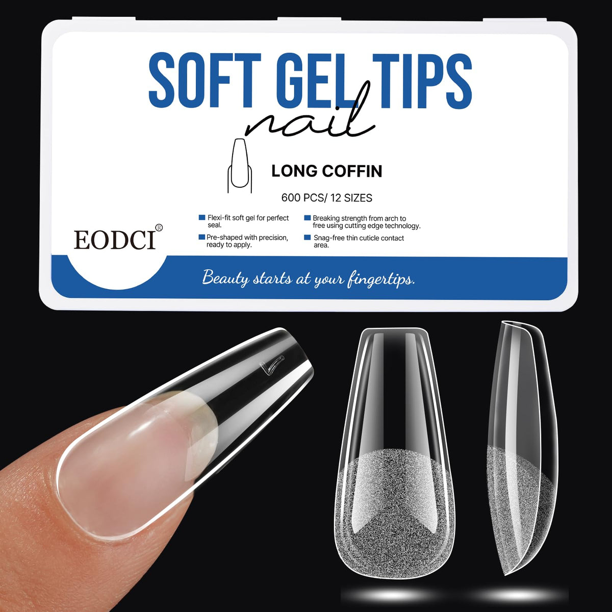 EODCI Coffin Nail Tips 600Pcs Pre Shaped Soft Nail Tips Clear Full Cover
