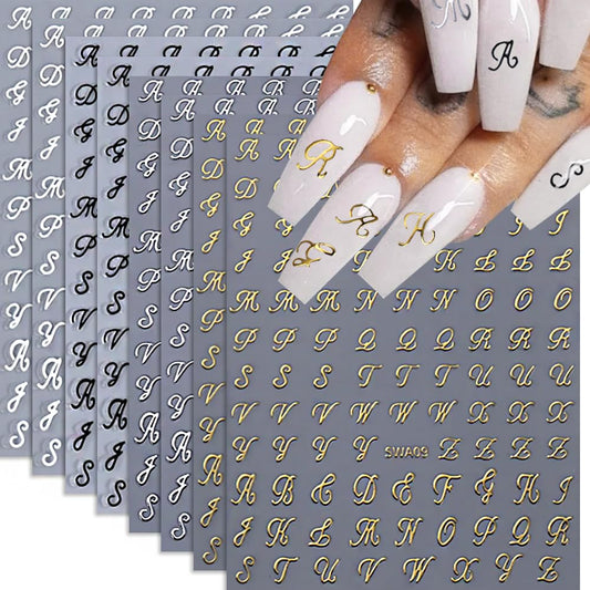 Letter Nail Stickers 8 Sheets Old English Letter Nail Decals 3D Self-Adhesive Gold Silver Black White Retro English Pattern Old Alphabet Cursive Nail Design Manicure Nail Accessories for Women Girls