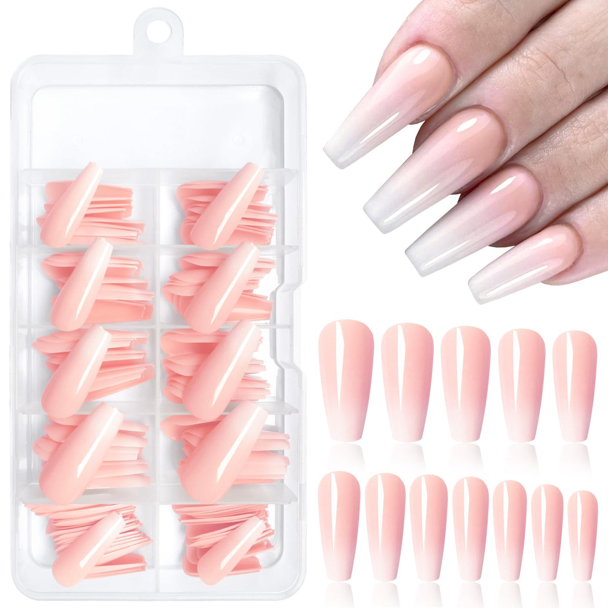 Uñas Press On Coffin Ombre Nude x120 — Medianas con Pegamento y Tabs