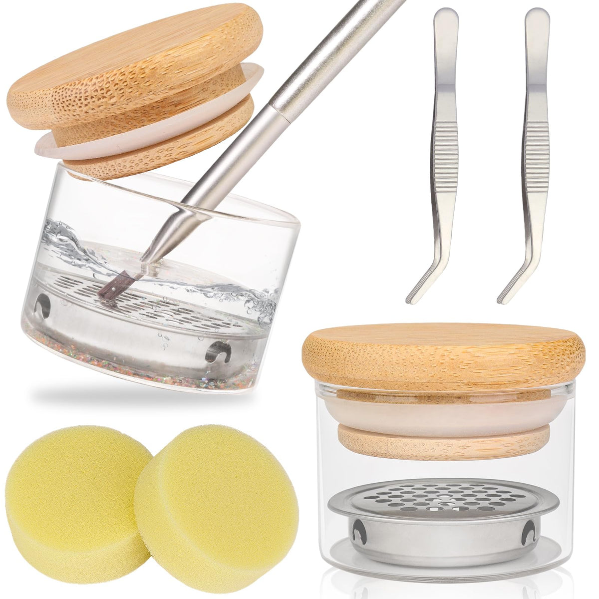 FWUNYVN Nail Brushes Washing Cup Set 2 PCS Nail Pen Wash Cup with 2 PCS Tweezers 2 PCS Absorbent Sponges
