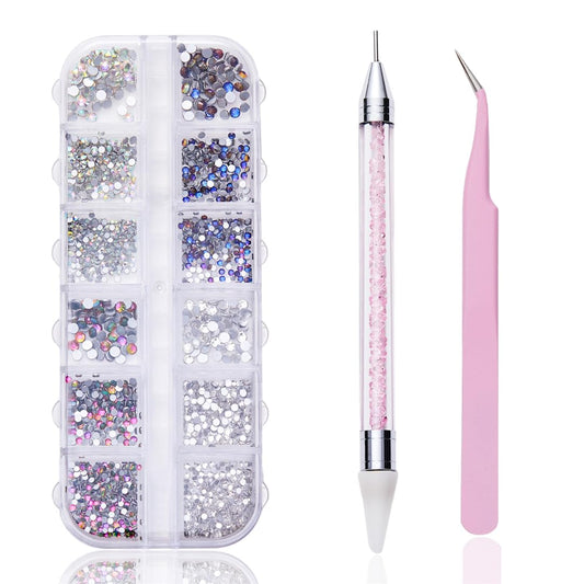 Kit de Rhinestones 12 Colores con Pinzas y Lápiz de Cera — Crystal AB y Multicolor
