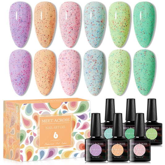 MEET ACROSS Yogurt Gel Nail Polish 6 Colors Purple Orange Pink Mint Green Blue Bright Pastel Speckle Gel Polish Popular Macaron Soak Off Gel Nail Polish Kit for Home Gel Manicure DIY Holiday Gifts