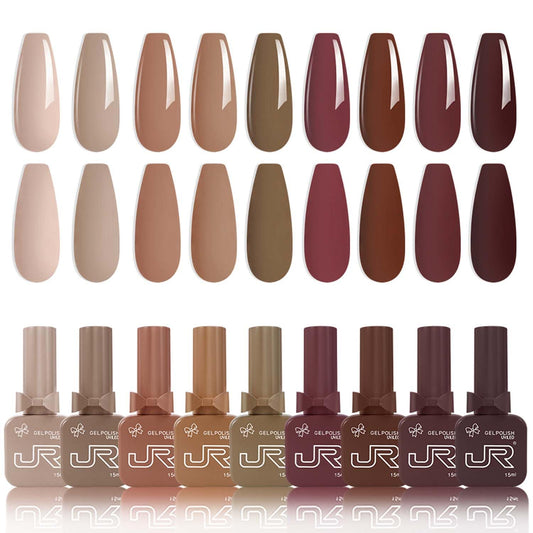 JR New 9pcs 15ml gel nail polish set Including Red Pink Nude Gel Polish Kit UV LED Soak Off Polish Home DIY top coat base coat Gift C