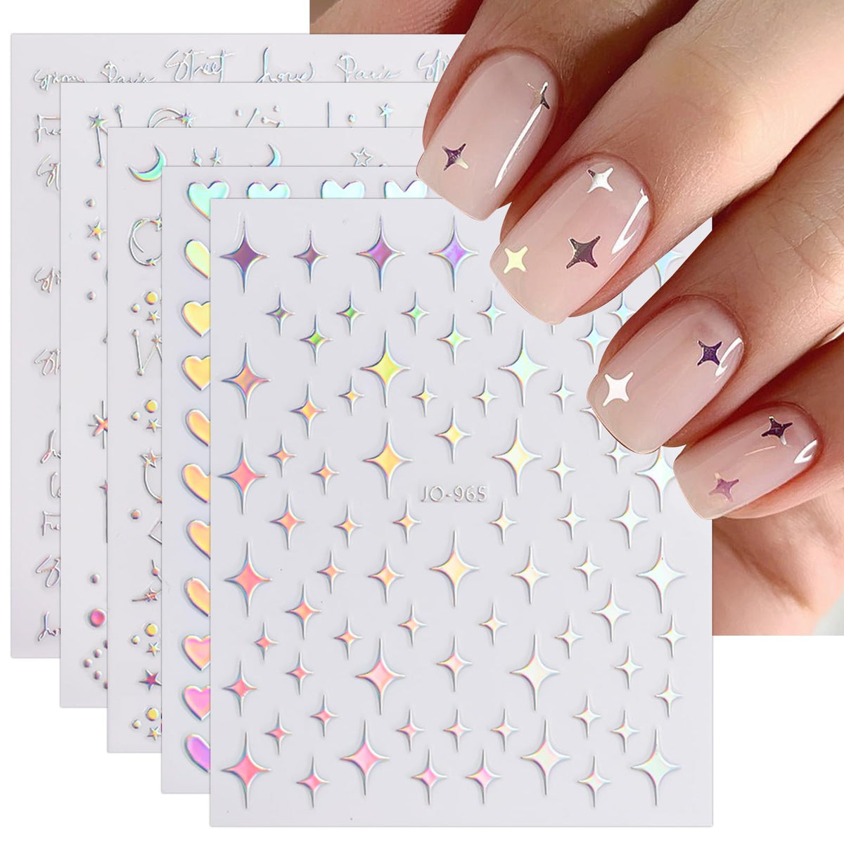 Stickers Aurora Holográficos para Uñas x12 Hojas — Estrellas y Corazones