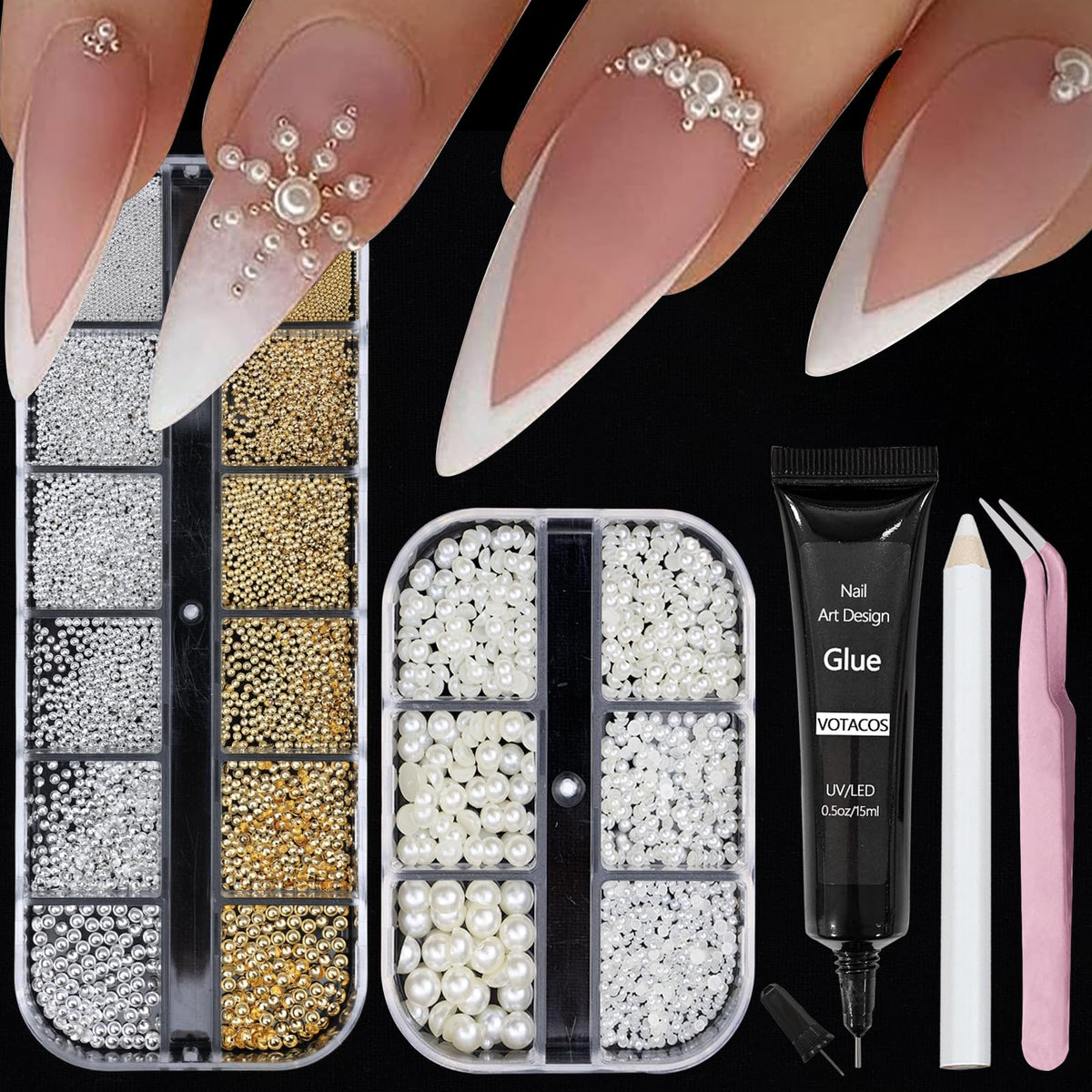 Perlas y Rhinestones para Uñas VOTACOS con Gel Adhesivo — Oro, Plata y Joyas
