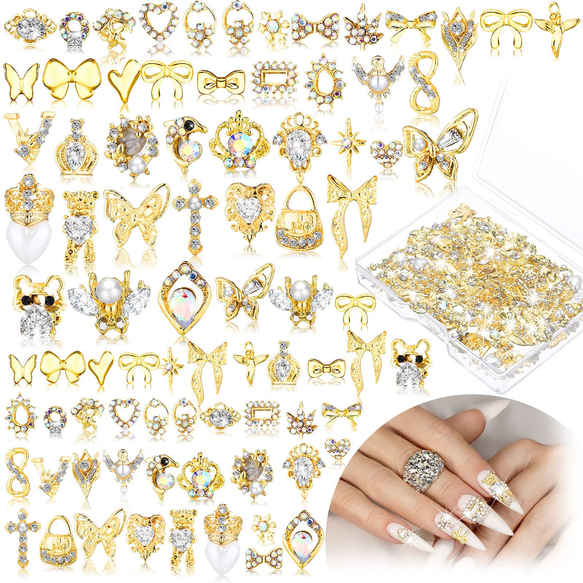 100 Pcs Gold Rhinestones 3D Nail Heart Nail Gems Luxury Decor Diamonds for Nail Art