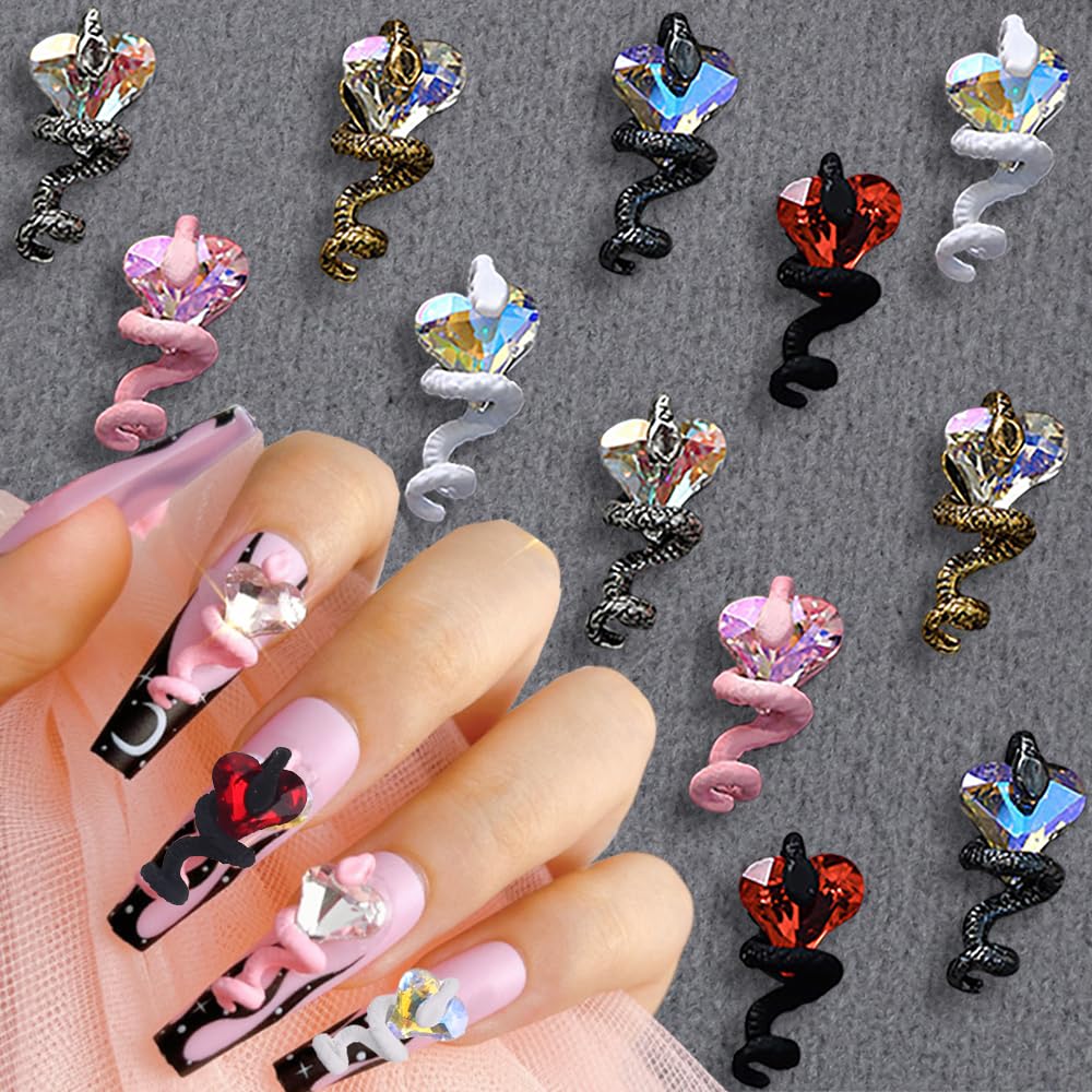 12pcs 3D Heart Rhinestone Snake Nail Charms Y2k Nail Accessories Snake Nail Art Charms Heart Nail Gems Snakes Nails Charms.