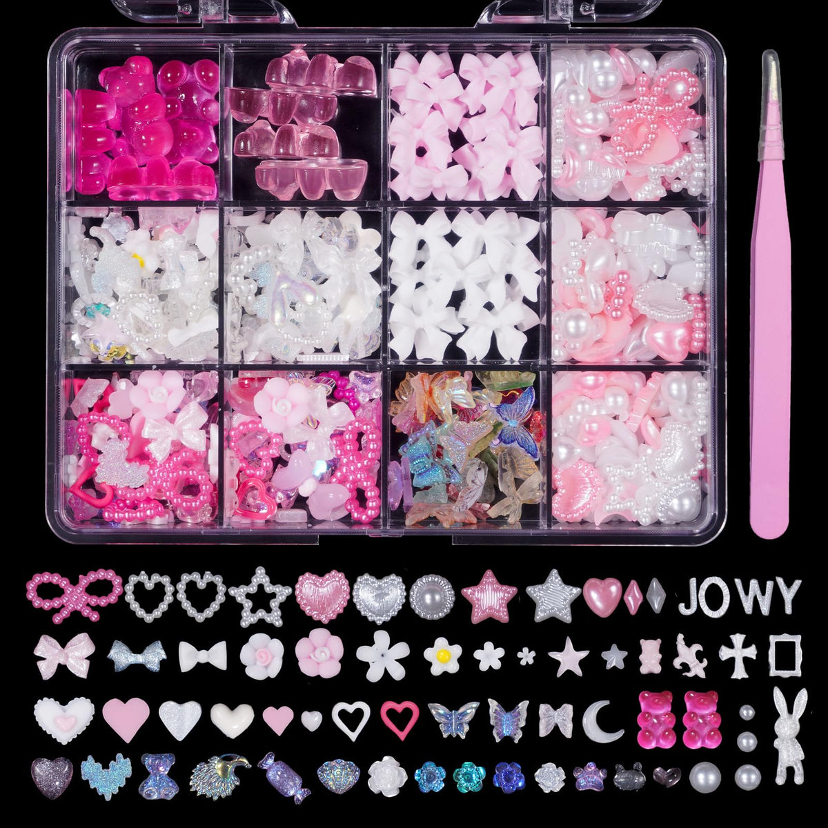 Pink Colors White Nail Charms 3D Bows Bears Flower Butterfly Variety Nail Charms 3D Pearls
