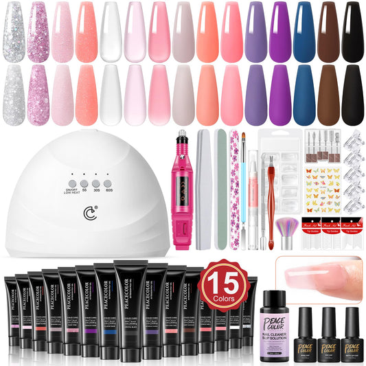 Poly Nail Gel Kit 15 Colors with Nail Lamp and Drill Poly Nail Extension Gel Starter Kit Glitter Clear Pink Black Matte/Glossy Top Coat Base Coat Manicure Kit for Beginners Gifts for Women