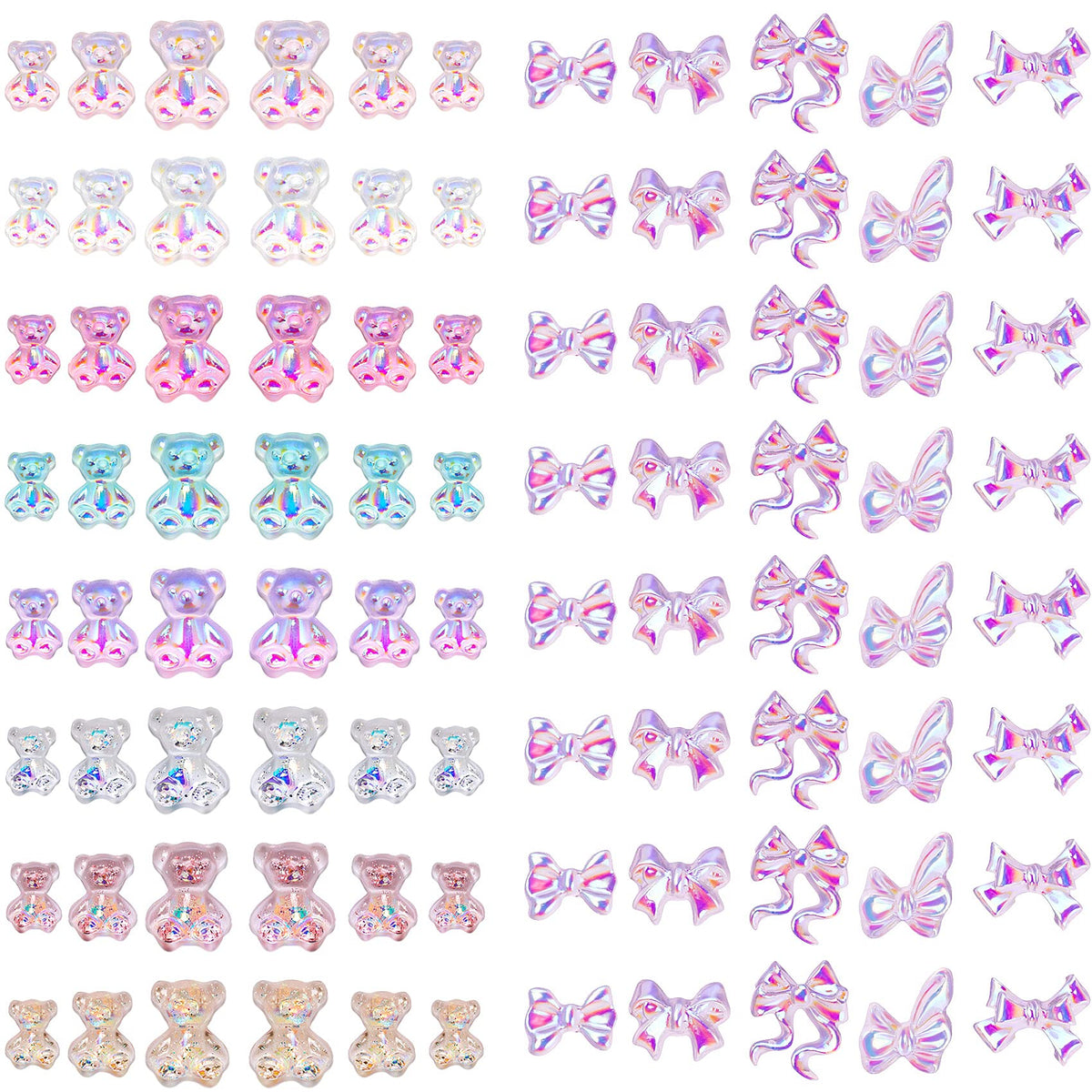 PAGOW 184pcs Cute Bear Nail Art DecorationsBear Resin Crystal Aurora Rhinestones Nail Charm with 5 Styles Bow Nail Glitter