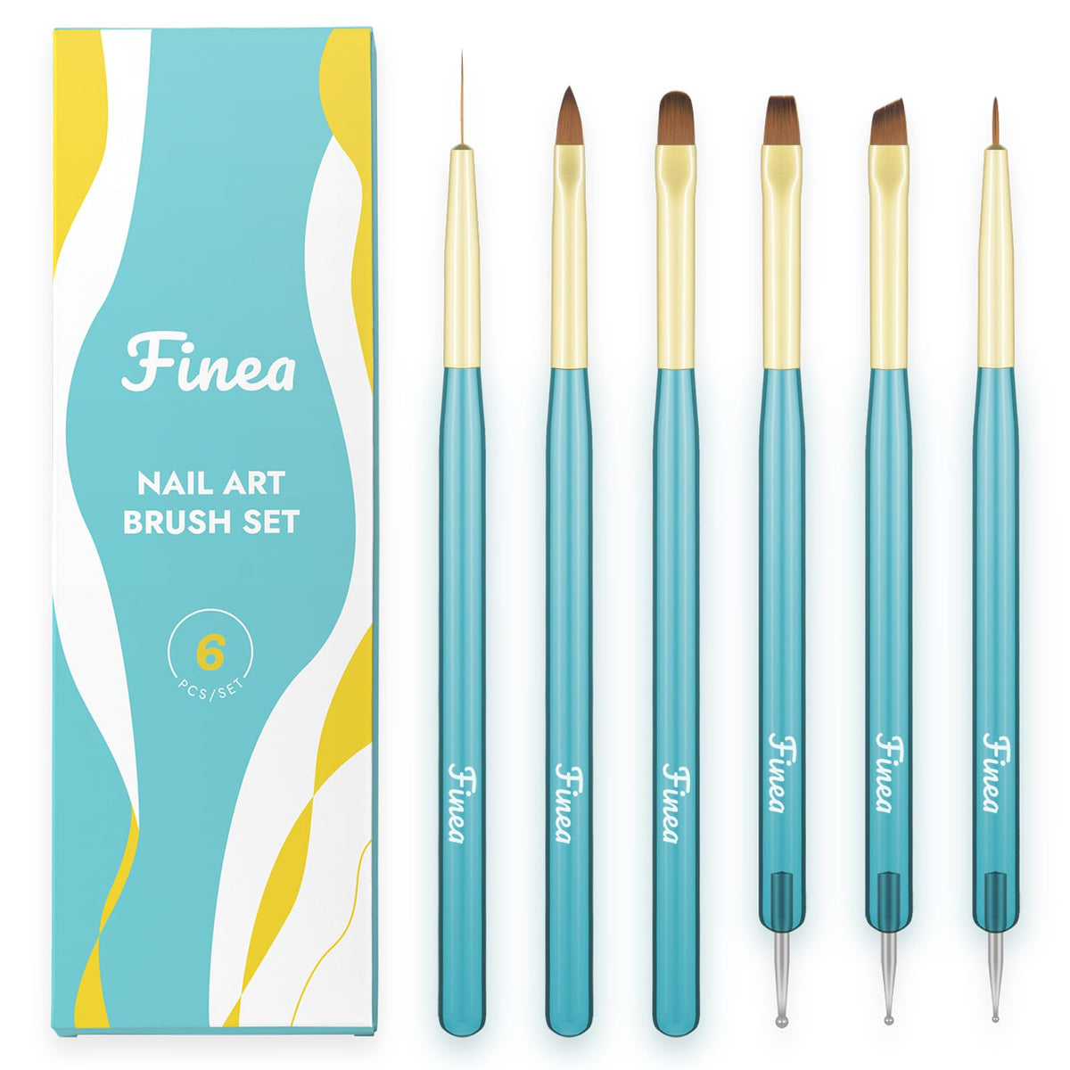 Finea Nail Art Brushes and Dotting Tools 6pcs Set for Builder Gel Polygel Gel Polish Paint Design with Flat Round Thin Liner French Tip Small Detail Painting 3D Acrylic Flower Brushes Gold Blue