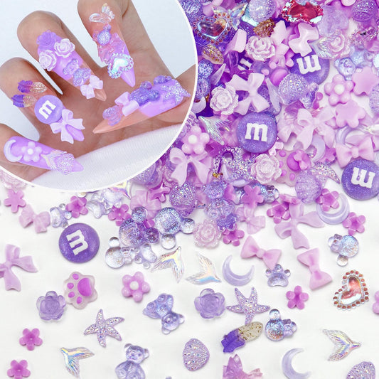 Briskbloom 320PCS Purple Assorted Mix 3D Nail Charms Cute Resin Charms for Acrylic Nail Decoration DIY Crafts Flatback Kawaii Y2K Heart Star Bow Flower Nail Supplies Rhinestones