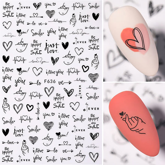 Black Nail Art Stickers Decals 8Sheets Love 3D Nail Art Stickers Heart English Letter Geometric Design