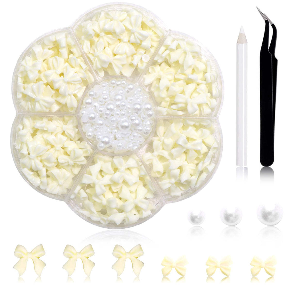 300Pcs Bow Nail Charms and Flatback PearlsBeige Bowknot 3D Cute Nail Charms for Acrylic Nail Supplies Design3-5mm White Half Pearls for Nail Jewelry DIY Crafts Nail Art Decoration Accessories