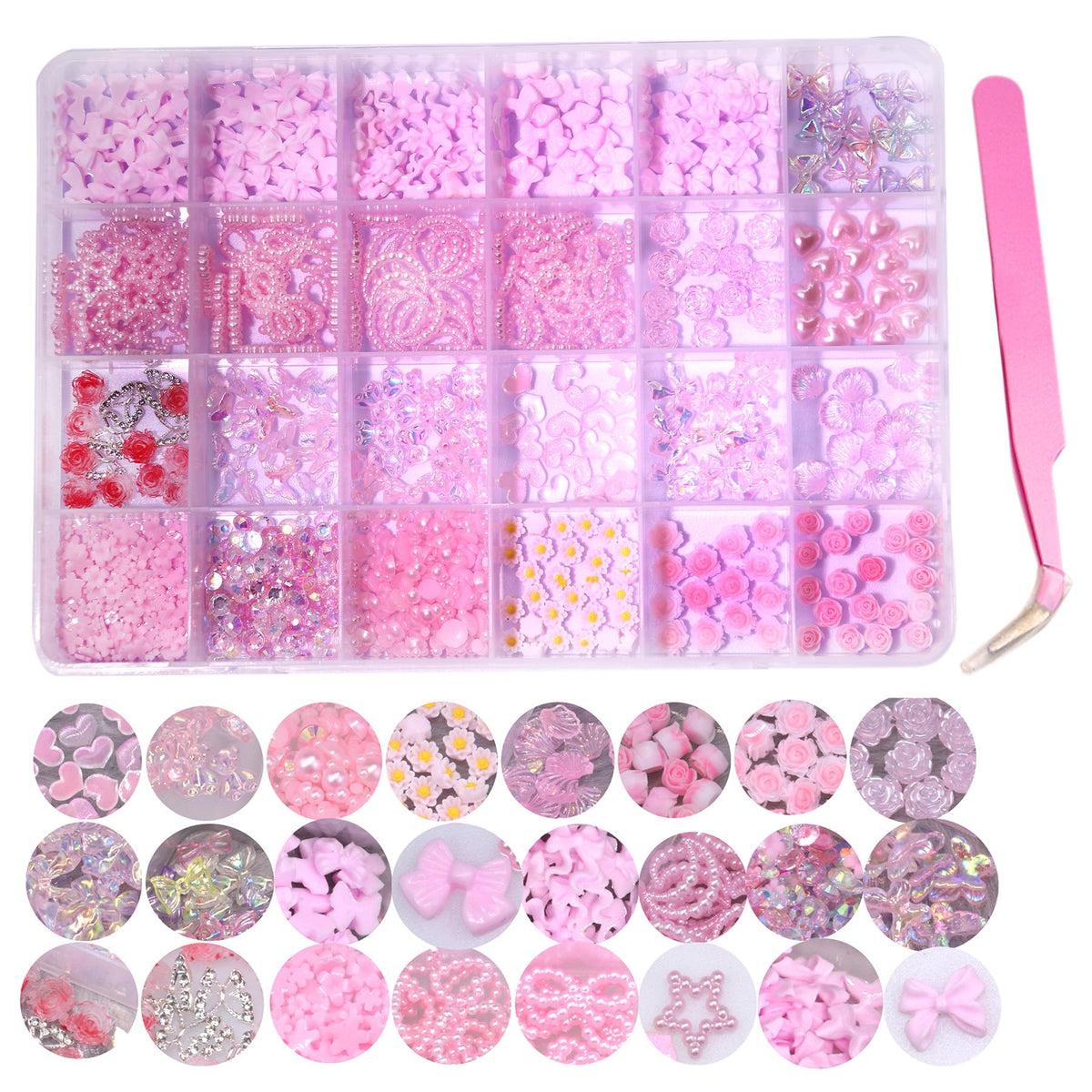 Pink Flower Nail Charms Bow Nail Charms Girl Gems Flatback Nail Pearls Set 8 Styles 8 Nail Flowers Butterlies Star Heart Moon Shell Bear Cute Nail Jewels.