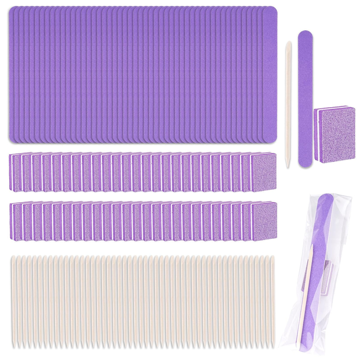 50 Set Disposable Manicure Kit including 50pcs Mini Nail Buffer 50pcs Nail File 50pcs Wood Stick 50pcs OPP Bag Press on Nail Tool Kit for Salon Home (purple)