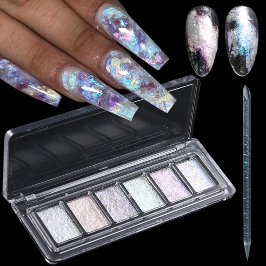 Fcozpjk Iridescent Nail Glitter Set 6 Colors Mud Texture Aurora Chrome Nail Powder Pink Blue Pearlescent.