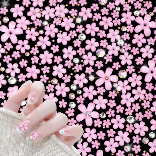 800 Pcs Pink Color Flower Nail Charms 3D Flower Acrylic Nail Art Charms Mixed Tiny Flowers Blossom Flower Nail Charms Golden Beads AB Nail Gems Charms Design for Women Nail Decorations