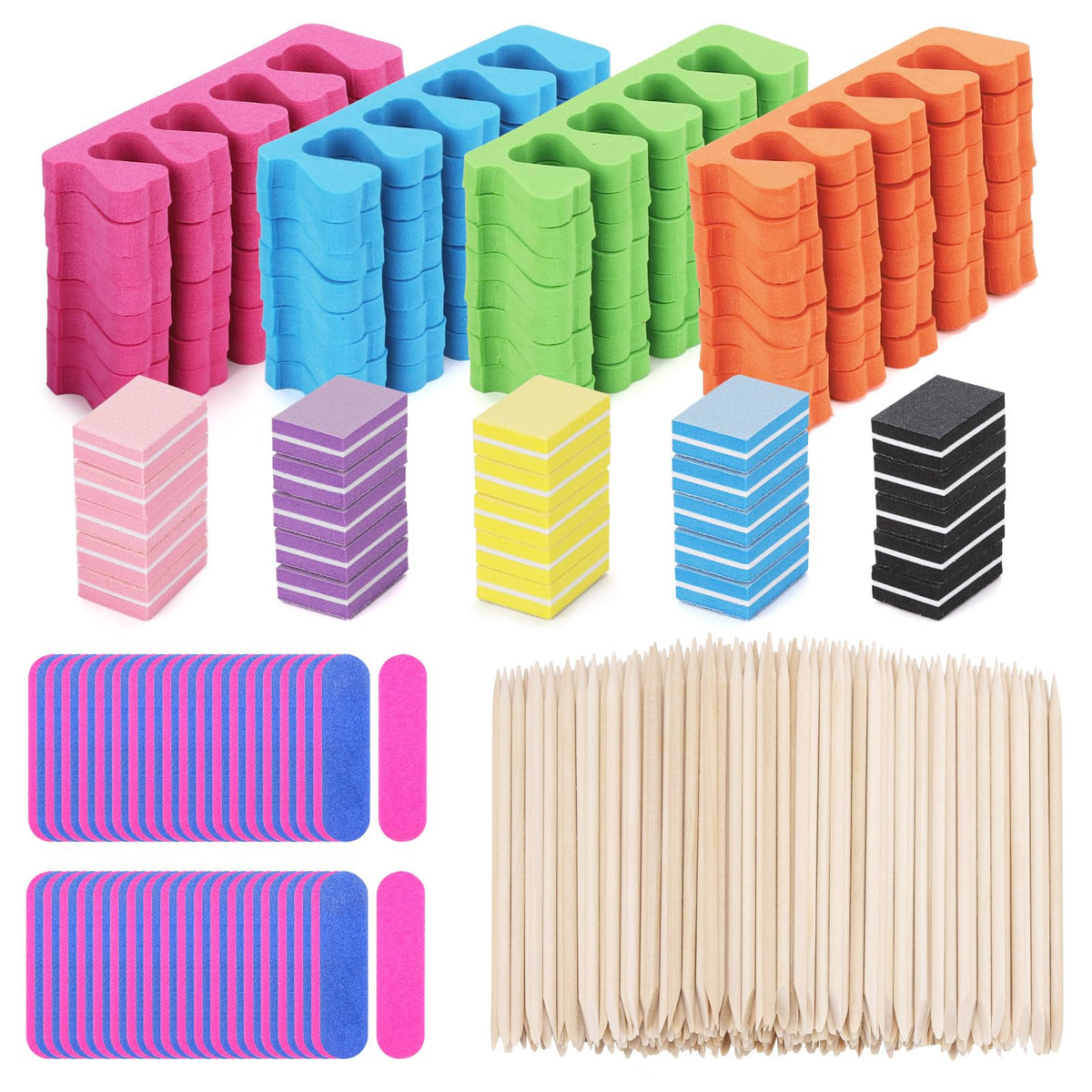 273Pcs Toe Separators Set- Nail Spa Party Tools Mini Nail Files Buffers Block Orange Nail Sticks Pedicure Wood Cuticle Pushers