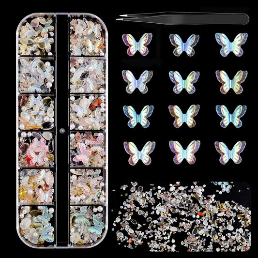 12 Grids Resin Butterfly Nail Charms Gems Kit 3D Mix Assorted Color Butterflies Shape Small Diamonds Shiny AB Color Butterfly Nail Designs with Tweezers for Nail Art