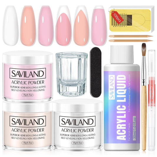 Kit de Acrílico para Principiantes SAVILAND — Polvo, Monómero, Pincel y Aceite
