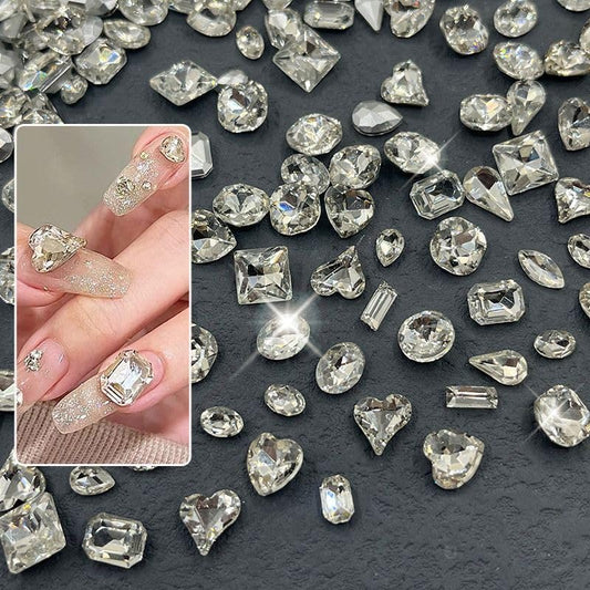 100pcs Silver Nail Charms Rhinestone Multi Shapes Mixed Large Crystal Stone Bling Big Nail Gems Pointed Bottom Nail Jewelry