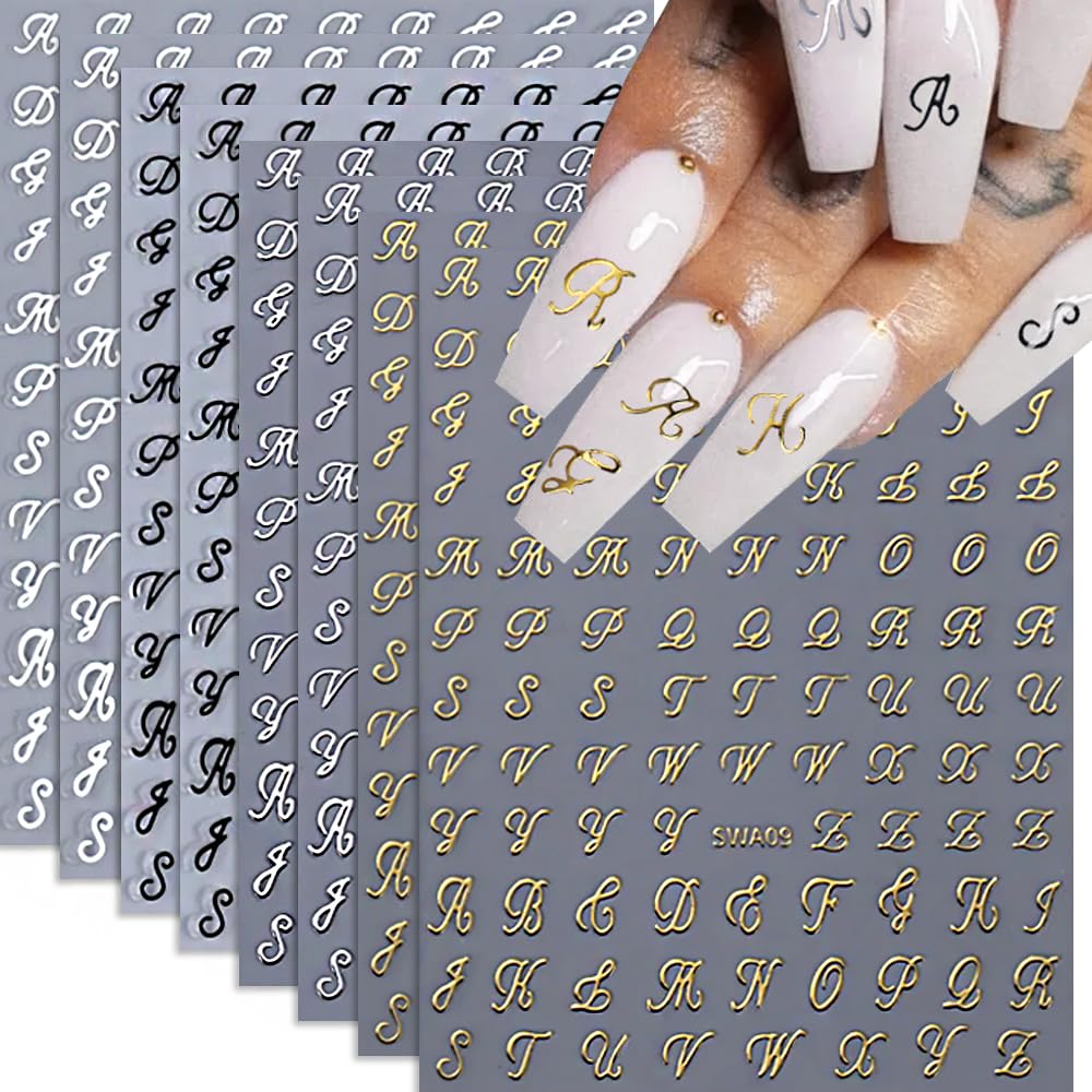 Letter Nail Stickers 8 Sheets Old English Letter Nail Decals 3D Self-Adhesive Gold Silver Black White Retro English Pattern Old Alphabet Cursive Nail Design Manicure Nail Accessories for Women Girls
