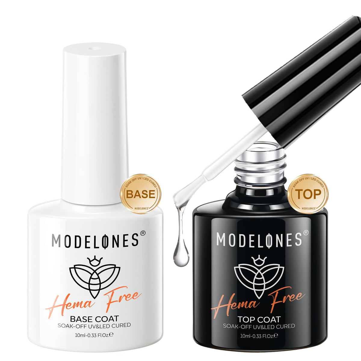 modelones Hema-Free Gel Base and Top Coat Set 2 Pcs Clear Glossy Gel Top Base Coat No Wipe Long Lasting for Gel Polish Acrylic Nails Soak Off Nail Lamp Nail Art Home Salon Manicure