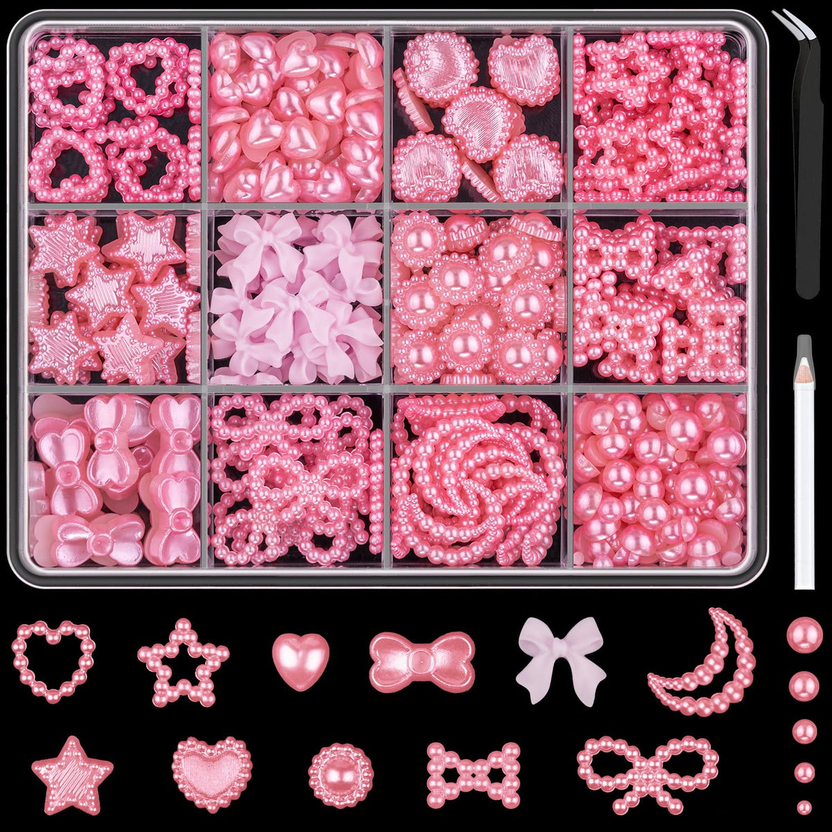 Multi Shapes Nail Charms for 3D Nail Art Pink Heart Bow Star Moon Pearl Sunflower Nail Jewels