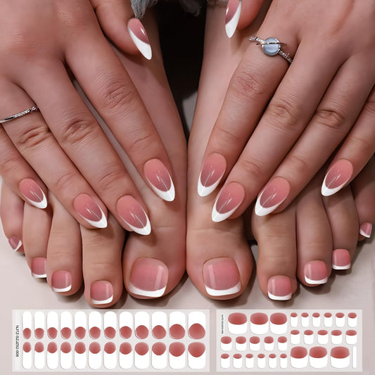 EBANKU 52Pcs Semi-Cured Gel Nail Strips Toes Gel Nail Strips for Toes Real Gel Nail Polish Sticker Long-Lasting French Manicure Stickers Salon Nails at Home Requires UV Light with Nail File&Stick