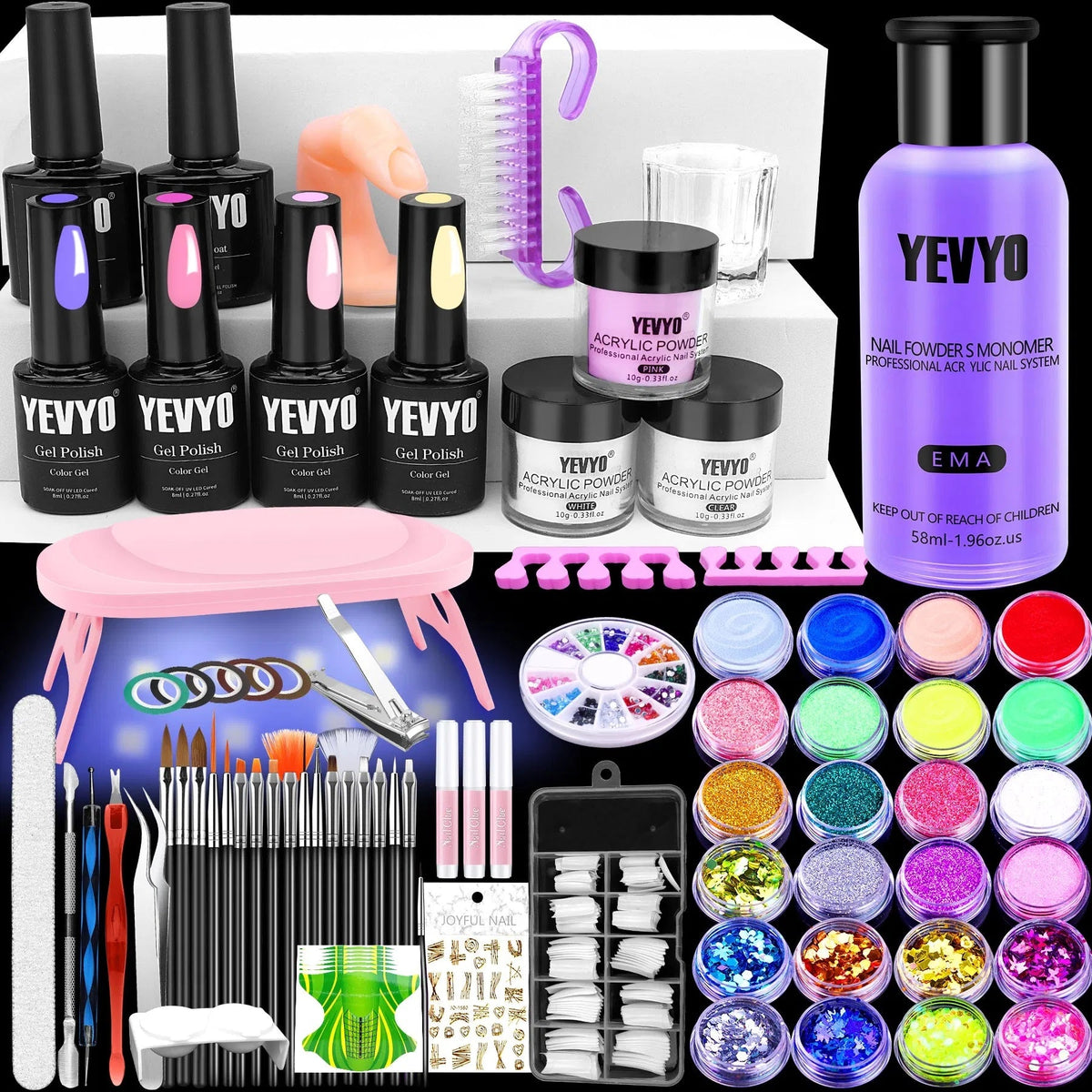 Kit Completo de Acrílico y Gel UV — Lámpara + 4 Geles + 24 Glitters
