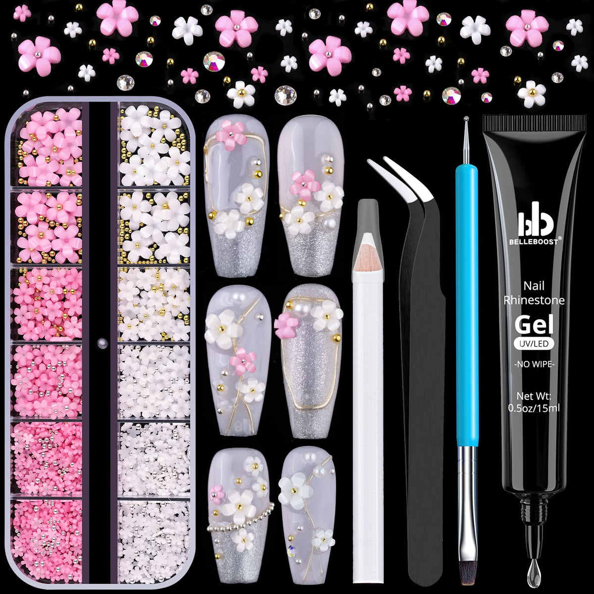 3D Flowers Manicure Gems with Nail Rhinestone Glue Gel White Pink Acrylic Flower