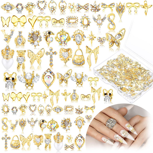 100 Pcs Gold Rhinestones 3D Nail Heart Nail Gems Luxury Decor Diamonds for Nail Art