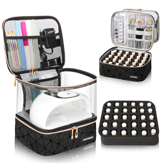 Partreko Clear Nail Polish Organizer Holds 30 Bottles (15ml/0.5fl.oz)& Nail Lamp Double Layer Nail Supplies Organizer Case Transplant PU Leather Nail kit Storage Bag for Manicure Tools (Black)