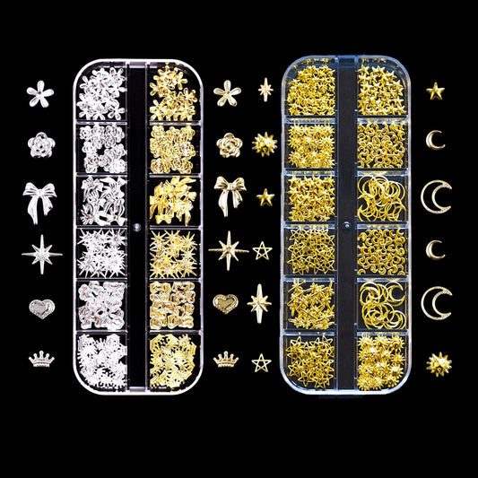 3D Metal Punk Nail Studs Gold Silver Star Bows Nail Art Charms Alloy Manicure Decoration DIY Charms for Nail Art Decoration Accessories (Gold + Silver B)