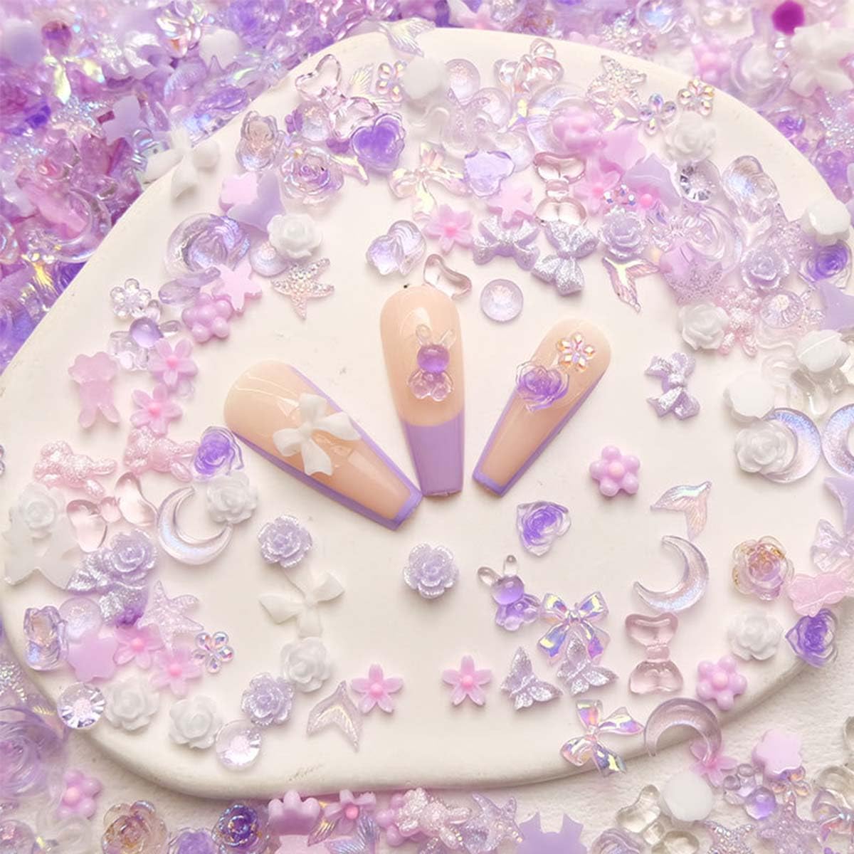 100 Pcs 3D Resin Nail Charms Butterfly Nail Charms Mixed Shape Flower Moon Bow Design Charm Rhinestones Pearls Charms for Nail Art
