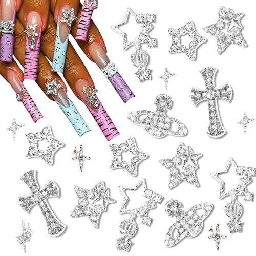 42PCS 3D Star Nail Charms and Gems Silver Rhinestones for Nails Y2K Nail Jewels for Nail Art Cute Crystal Diamond Star Charms for Nails…