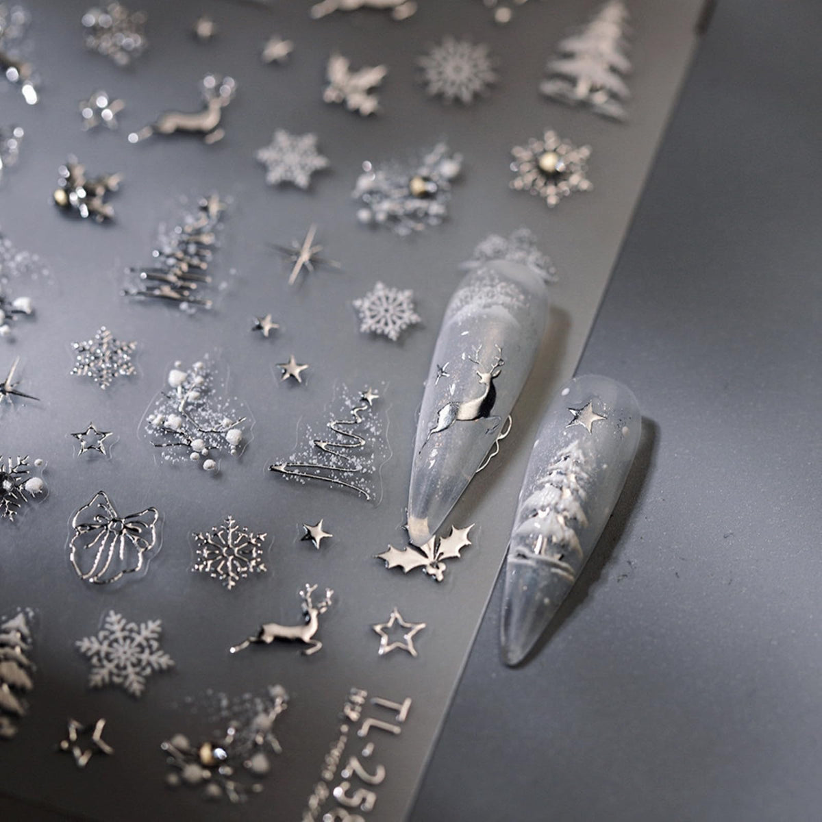 5D Embossed Christmas Nail Art Stickers Silver Elk Nail Stickers Self-Adhesive Holly Rhinestone Xmas Tree Star Snowflakes for Women Girls Winter Xmas