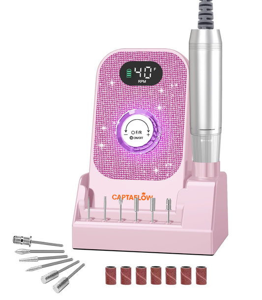Portable Electric Nail Drill File: 40000RPM Professional Drill  with  Base Pink Diamond Rechargeable