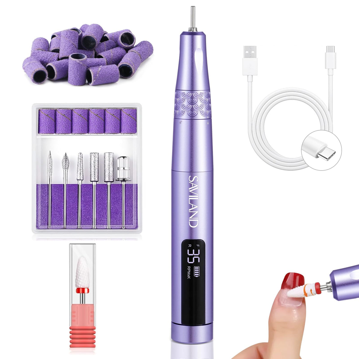 SAVILAND Electric Nail Drill: 35000RPM Cordless Electric Nail File purple