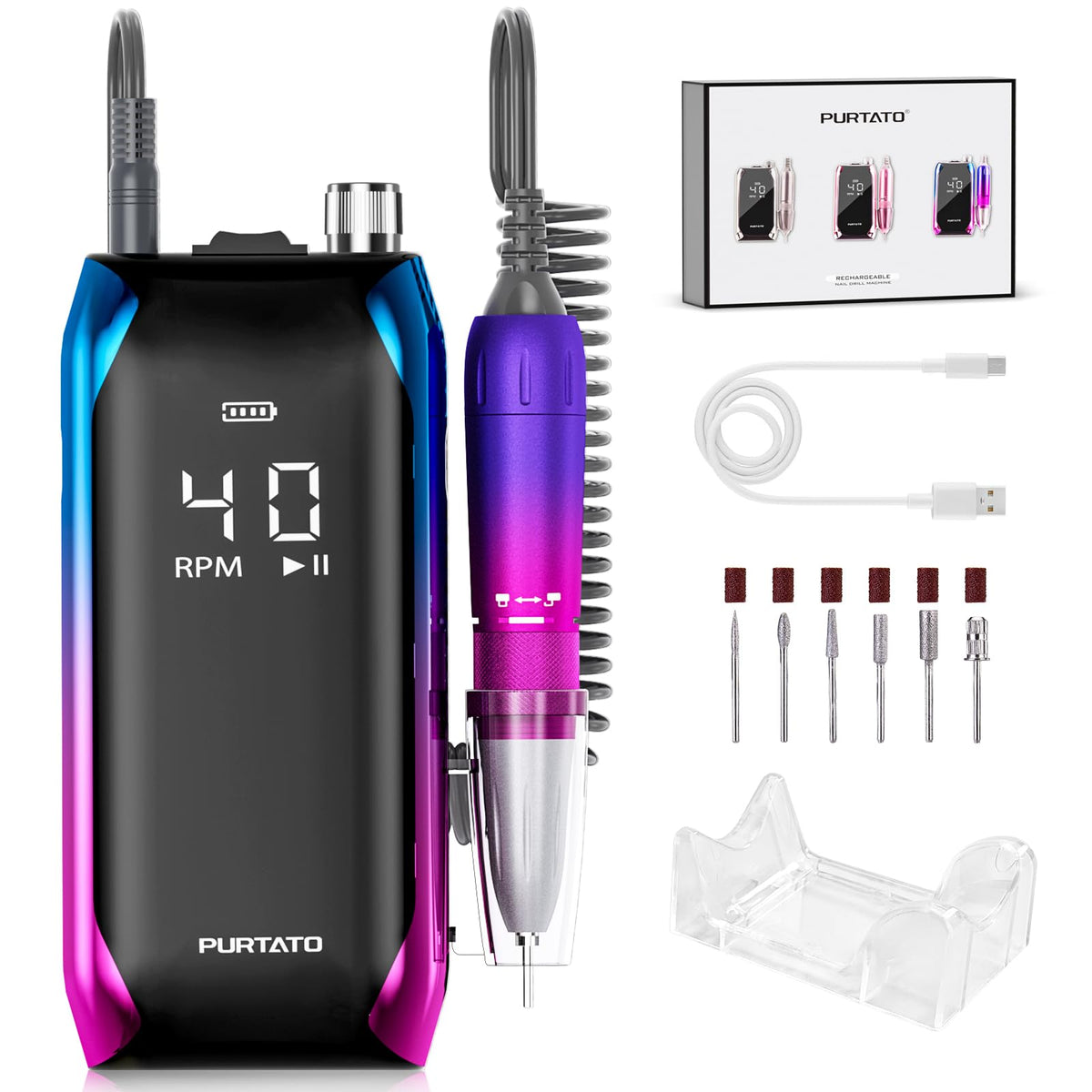 PURTATO Professional Nail Drill 40000 RPM Rechargeable LCD