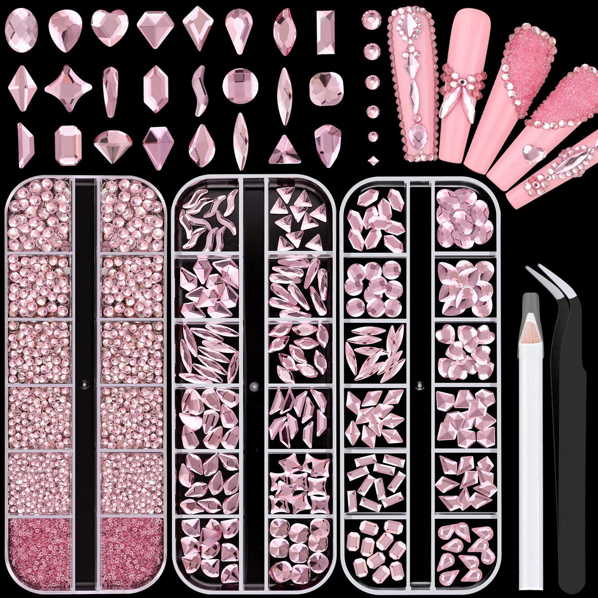 Kit Rhinestones Rosa x2750 — 240 Formas Variadas + 2510 Crystal 1.5-4mm